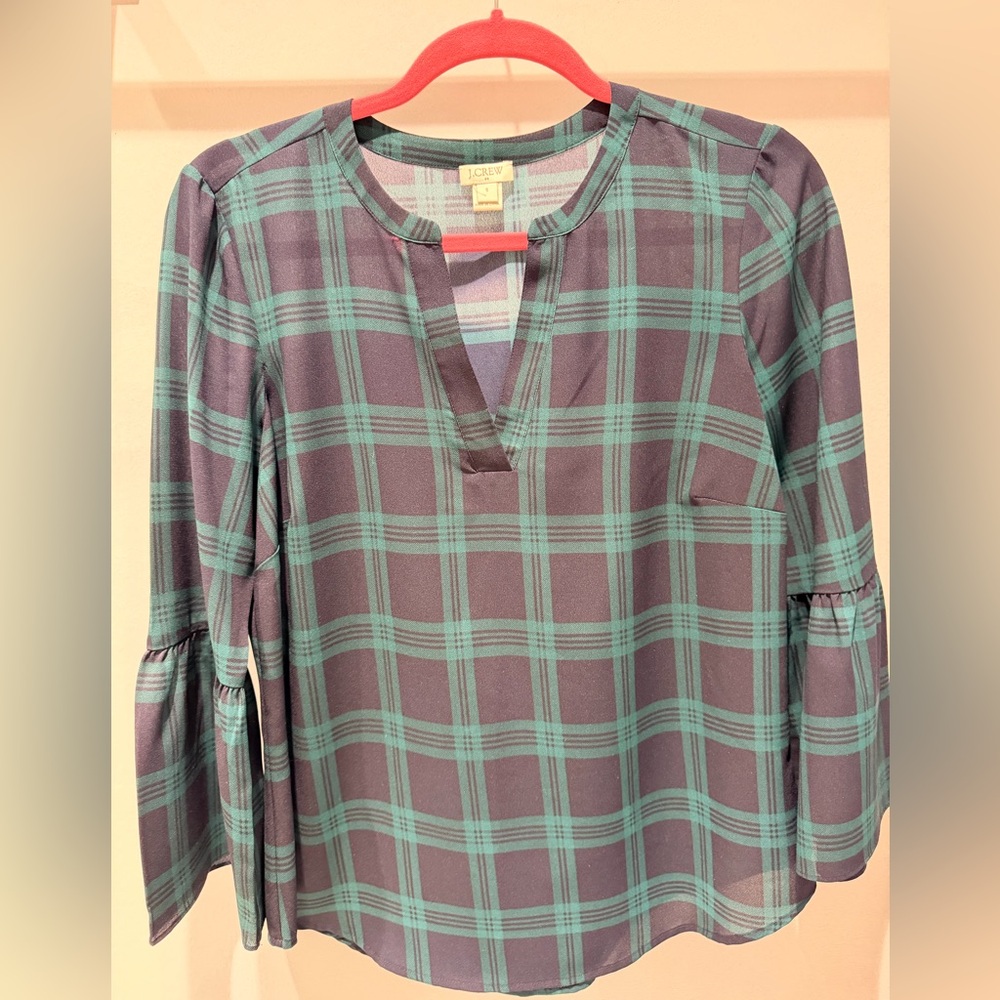 J. Crew Pine Green and Navy Plaid Blouse